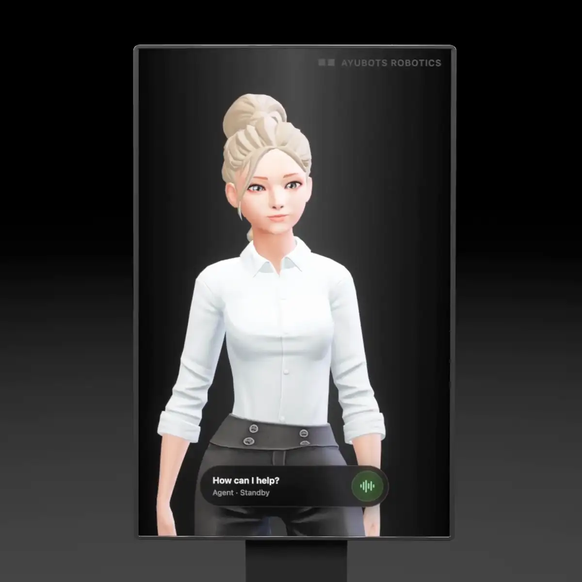 A spatial agent (june) working as an receptionist from a digital kiosk